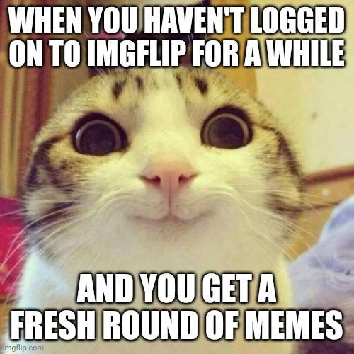 Smiling Cat | WHEN YOU HAVEN'T LOGGED ON TO IMGFLIP FOR A WHILE; AND YOU GET A FRESH ROUND OF MEMES | image tagged in memes,smiling cat | made w/ Imgflip meme maker