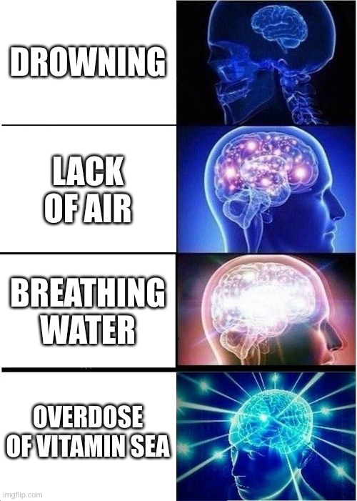 expand brain | DROWNING; LACK OF AIR; BREATHING WATER; OVERDOSE OF VITAMIN SEA | image tagged in memes,expanding brain | made w/ Imgflip meme maker