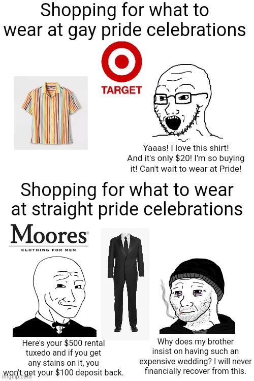 What you wear at gay pride celebrations vs what you wear at straight pride celebrations | Shopping for what to wear at gay pride celebrations; Yaaas! I love this shirt! And it's only $20! I'm so buying it! Can't wait to wear at Pride! Shopping for what to wear at straight pride celebrations; Here's your $500 rental tuxedo and if you get any stains on it, you won't get your $100 deposit back. Why does my brother insist on having such an expensive wedding? I will never financially recover from this. | image tagged in lgbtq,pride month,gay pride,fashion,clothing,weddings | made w/ Imgflip meme maker