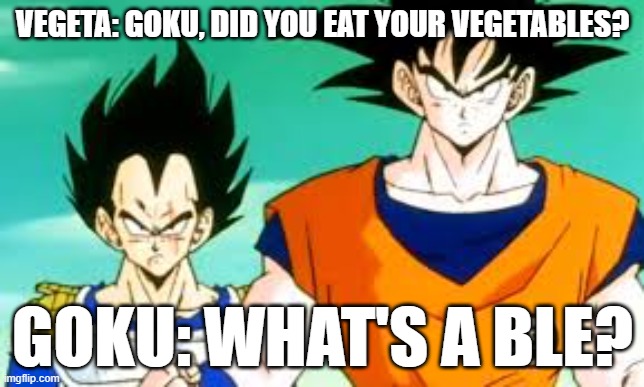 (◕‿◕✿) | VEGETA: GOKU, DID YOU EAT YOUR VEGETABLES? GOKU: WHAT'S A BLE? | image tagged in goku and vegeta,dragon ball z,batman,puns,vegetables,memes | made w/ Imgflip meme maker