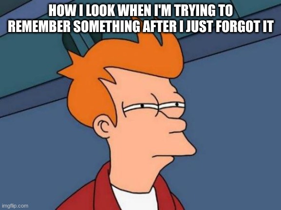 Futurama Fry | HOW I LOOK WHEN I'M TRYING TO REMEMBER SOMETHING AFTER I JUST FORGOT IT | image tagged in memes,futurama fry | made w/ Imgflip meme maker