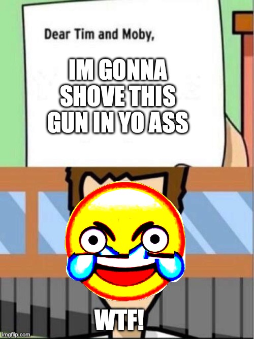 Dear Tim and Moby | IM GONNA SHOVE THIS GUN IN YO ASS; WTF! | image tagged in dear tim and moby | made w/ Imgflip meme maker