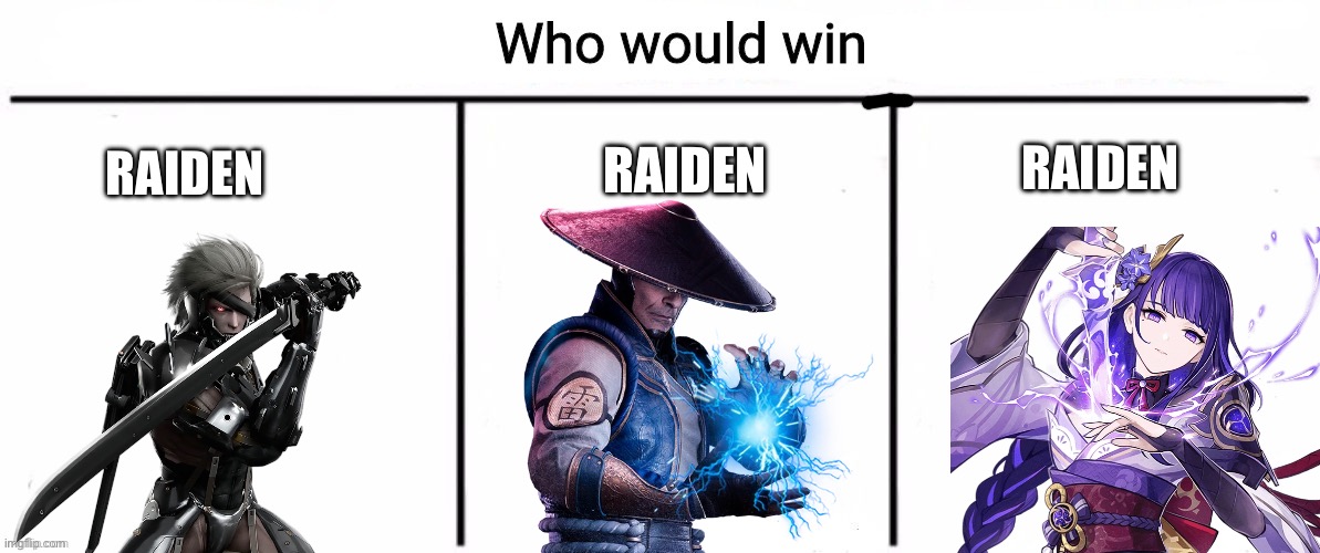 This may come as a surprise, but I think Raiden would win. | RAIDEN; RAIDEN; RAIDEN | image tagged in 3x who would win | made w/ Imgflip meme maker