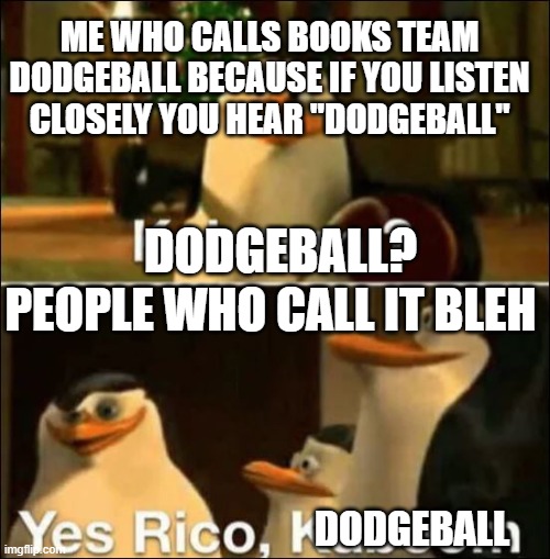 what do you call it | ME WHO CALLS BOOKS TEAM DODGEBALL BECAUSE IF YOU LISTEN CLOSELY YOU HEAR "DODGEBALL"; DODGEBALL? PEOPLE WHO CALL IT BLEH; DODGEBALL | image tagged in kaboom yes rico kaboom | made w/ Imgflip meme maker