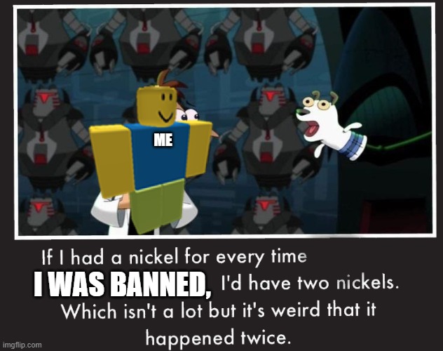 The first one was in a cart ride game, the second was in a sonic RP. | ME; I WAS BANNED, | image tagged in doof if i had a nickel | made w/ Imgflip meme maker