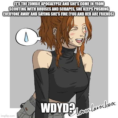Hello | IT'S THE ZOMBIE APOCALYPSE AND SHE'S COME IN FROM SCOUTING WITH BRUISES AND SCRAPES, SHE KEEPS PUSHING EVERYONE AWAY AND SAYING SHE'S FINE (YOU AND HER ARE FRIENDS); WDYD? | image tagged in no joke,romance allowes,erp in memechat | made w/ Imgflip meme maker