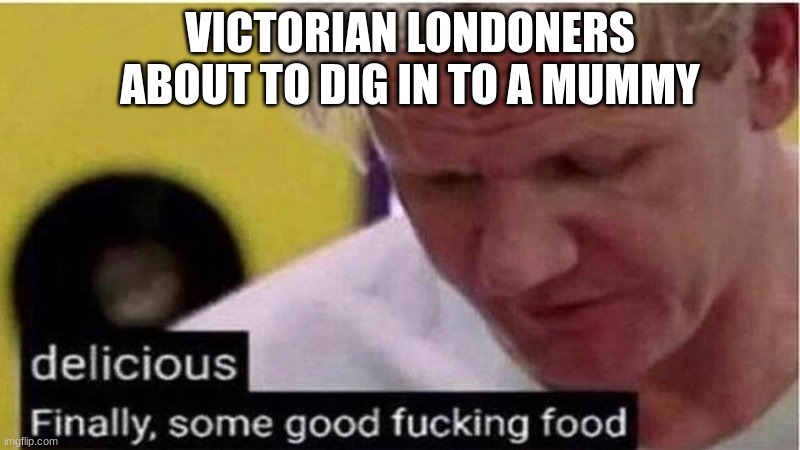 Victorian England was a fun time... | VICTORIAN LONDONERS ABOUT TO DIG IN TO A MUMMY | image tagged in gordon ramsay some good food | made w/ Imgflip meme maker