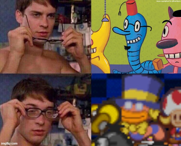 Cranium's Word Worm looks WAY to similar to Paper Mario's Chuck Quizmo | image tagged in comparison,peter parker glasses | made w/ Imgflip meme maker