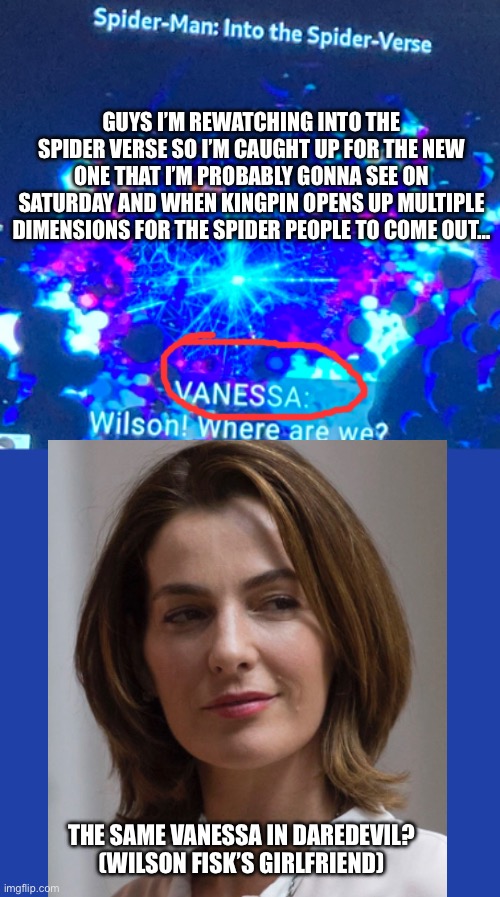 I hadn’t seen Daredevil when I first watched the movie, so kinda cool Easter egg | GUYS I’M REWATCHING INTO THE SPIDER VERSE SO I’M CAUGHT UP FOR THE NEW ONE THAT I’M PROBABLY GONNA SEE ON SATURDAY AND WHEN KINGPIN OPENS UP MULTIPLE DIMENSIONS FOR THE SPIDER PEOPLE TO COME OUT…; THE SAME VANESSA IN DAREDEVIL? (WILSON FISK’S GIRLFRIEND) | made w/ Imgflip meme maker