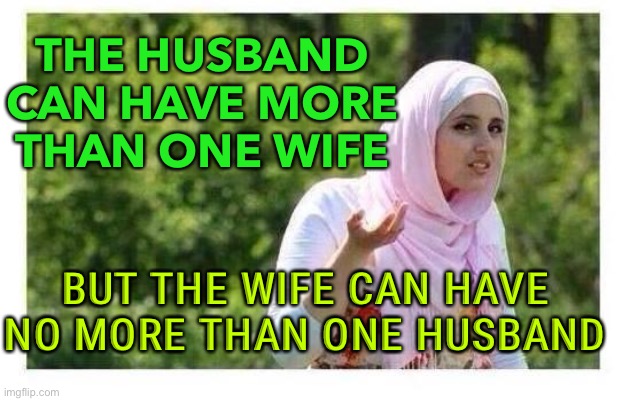No more than one husband | THE HUSBAND CAN HAVE MORE THAN ONE WIFE; BUT THE WIFE CAN HAVE NO MORE THAN ONE HUSBAND | image tagged in confused muslim girl | made w/ Imgflip meme maker