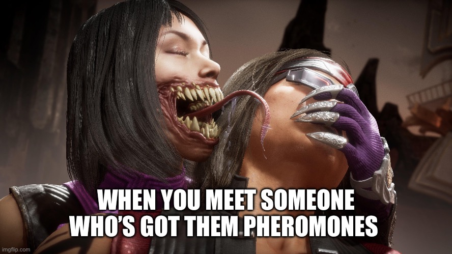 Pheromones | WHEN YOU MEET SOMEONE WHO’S GOT THEM PHEROMONES | image tagged in mileena,mortal kombat,smell | made w/ Imgflip meme maker