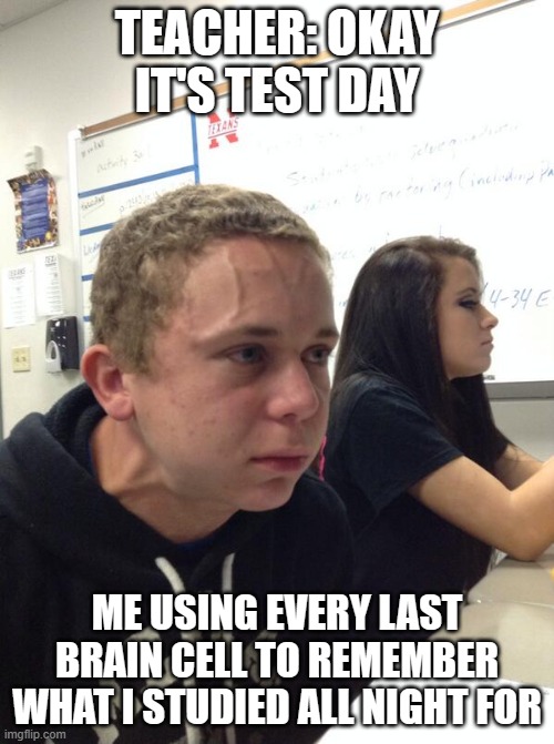 Hold fart | TEACHER: OKAY IT'S TEST DAY; ME USING EVERY LAST BRAIN CELL TO REMEMBER WHAT I STUDIED ALL NIGHT FOR | image tagged in hold fart | made w/ Imgflip meme maker
