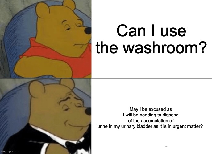 This is how I always escape | Can I use the washroom? May I be excused as I will be needing to dispose of the accumulation of urine in my urinary bladder as it is an urgent matter? | image tagged in memes,tuxedo winnie the pooh,bathroom,funny,funny memes,fun | made w/ Imgflip meme maker