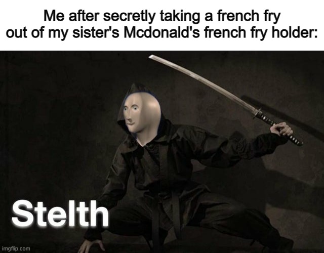 "Stelth" indeed XD | Me after secretly taking a french fry out of my sister's Mcdonald's french fry holder: | image tagged in stelth | made w/ Imgflip meme maker