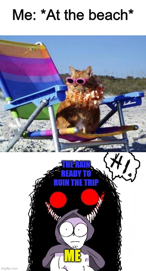 REALLY annoying T-T | Me: *At the beach*; THE RAIN READY TO RUIN THE TRIP; ME | image tagged in beach cat,amateurs hi monster | made w/ Imgflip meme maker