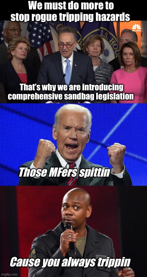 I blame the National Sandbag Association | We must do more to stop rogue tripping hazards; That’s why we are introducing comprehensive sandbag legislation; Those MFers spittin; Cause you always trippin | image tagged in democrat congressmen,joe biden fists angry,dave chappelle,politics lol | made w/ Imgflip meme maker