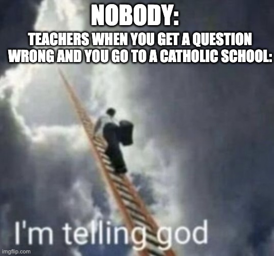 I'm telling God how much of a failure you are | TEACHERS WHEN YOU GET A QUESTION WRONG AND YOU GO TO A CATHOLIC SCHOOL:; NOBODY: | image tagged in im telling god,fail,god | made w/ Imgflip meme maker
