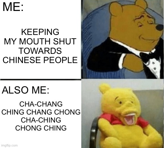 Winnie the pooh rich to poor | ME:; KEEPING MY MOUTH SHUT TOWARDS CHINESE PEOPLE; ALSO ME:; CHA-CHANG CHING CHANG CHONG
CHA-CHING CHONG CHING | image tagged in winnie the pooh rich to poor | made w/ Imgflip meme maker