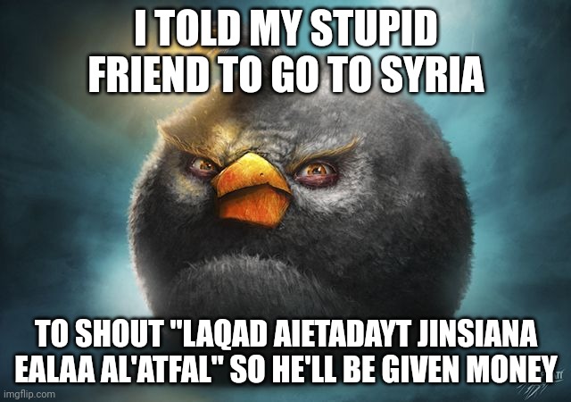 angry birds bomb | I TOLD MY STUPID FRIEND TO GO TO SYRIA; TO SHOUT "LAQAD AIETADAYT JINSIANA EALAA AL'ATFAL" SO HE'LL BE GIVEN MONEY | image tagged in angry birds bomb | made w/ Imgflip meme maker