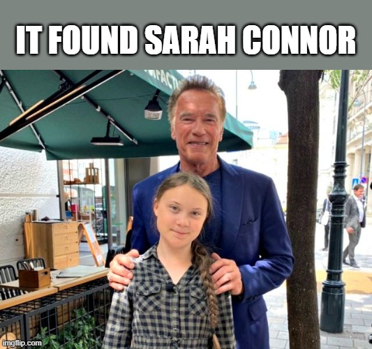 Terminator Sarah Connor Greta | IT FOUND SARAH CONNOR | image tagged in arnold greta,greta,sarah connor,terminator | made w/ Imgflip meme maker