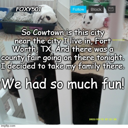 Foxy501 announcement template | So Cowtown is this city near the city I live in, Fort Worth, TX. And there was a county fair going on there tonight. I decided to take my family there. We had so much fun! | image tagged in foxy501 announcement template,fair | made w/ Imgflip meme maker