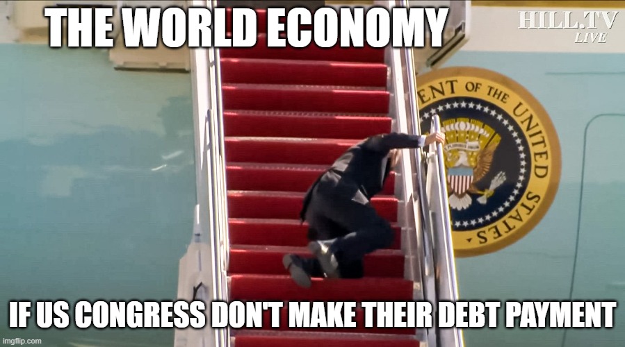 this need to stop | THE WORLD ECONOMY; IF US CONGRESS DON'T MAKE THEIR DEBT PAYMENT | image tagged in biden falls down stairs,american politics,economy,dumb,bankruptcy,facepalm | made w/ Imgflip meme maker