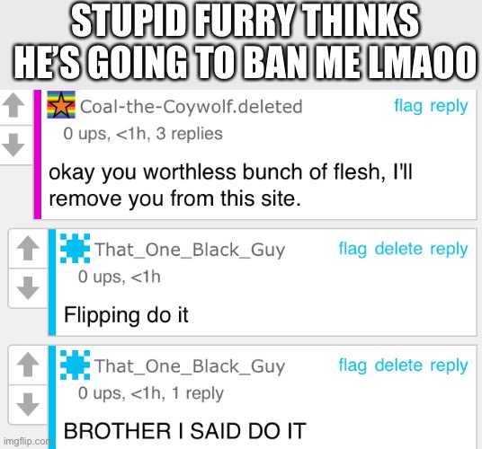 brother thought I was scared XD (Rus_Birb note: he can't do shit lmaoo | STUPID FURRY THINKS HE’S GOING TO BAN ME LMAOO | image tagged in dont read the tags bro | made w/ Imgflip meme maker