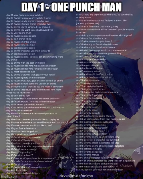 100 day anime challenge | DAY 1 - ONE PUNCH MAN | image tagged in 100 day anime challenge | made w/ Imgflip meme maker