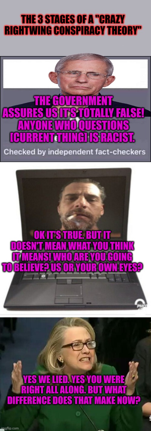 THE 3 STAGES OF A "CRAZY RIGHTWING CONSPIRACY THEORY" THE GOVERNMENT ASSURES US IT'S TOTALLY FALSE! ANYONE WHO QUESTIONS [CURRENT THING] IS  | image tagged in false information checked by independent fact-checkers,hunter biden's laptop from hell,hillary what difference does it make | made w/ Imgflip meme maker