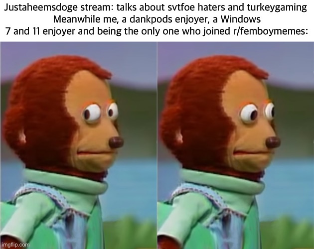 puppet Monkey looking away | Justaheemsdoge stream: talks about svtfoe haters and turkeygaming 
Meanwhile me, a dankpods enjoyer, a Windows 7 and 11 enjoyer and being the only one who joined r/femboymemes: | image tagged in puppet monkey looking away | made w/ Imgflip meme maker