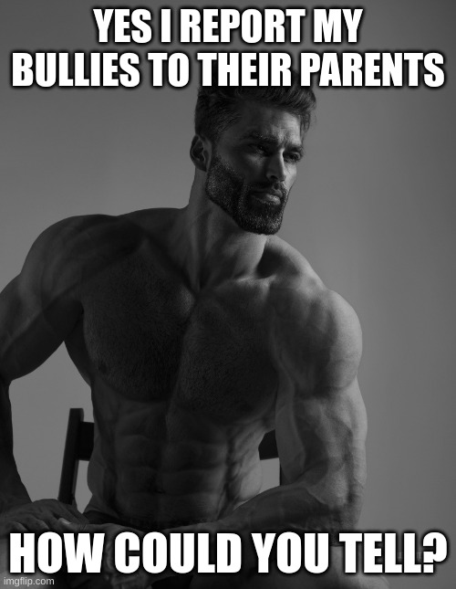 punishment at home | YES I REPORT MY BULLIES TO THEIR PARENTS; HOW COULD YOU TELL? | image tagged in giga chad | made w/ Imgflip meme maker