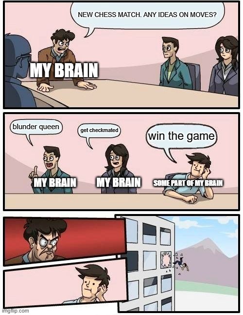 also me when chess | NEW CHESS MATCH. ANY IDEAS ON MOVES? MY BRAIN; blunder queen; get checkmated; win the game; MY BRAIN; SOME PART OF MY BRAIN; MY BRAIN | image tagged in memes,boardroom meeting suggestion | made w/ Imgflip meme maker