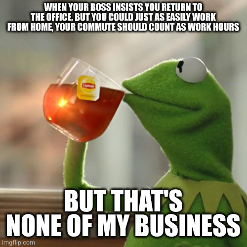 But That's None Of My Business Meme | WHEN YOUR BOSS INSISTS YOU RETURN TO THE OFFICE, BUT YOU COULD JUST AS EASILY WORK FROM HOME, YOUR COMMUTE SHOULD COUNT AS WORK HOURS; BUT THAT'S NONE OF MY BUSINESS | image tagged in memes,but that's none of my business,kermit the frog,antiwork | made w/ Imgflip meme maker