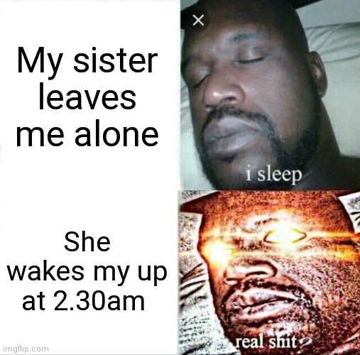 Sleeping Shaq Meme | My sister leaves me alone; She wakes my up at 2.30am | image tagged in memes,sleeping shaq | made w/ Imgflip meme maker
