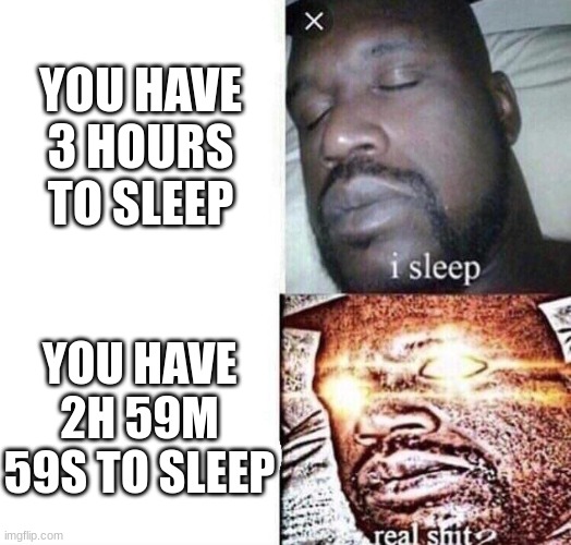 Image Title | YOU HAVE 3 HOURS TO SLEEP; YOU HAVE 2H 59M 59S TO SLEEP | image tagged in i sleep real shit | made w/ Imgflip meme maker