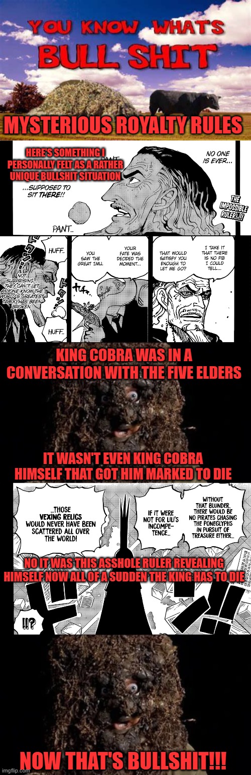 MYSTERIOUS ROYALTY RULES; HERE'S SOMETHING I PERSONALLY FELT AS A RATHER UNIQUE BULLSHIT SITUATION; KING COBRA WAS IN A CONVERSATION WITH THE FIVE ELDERS; IT WASN'T EVEN KING COBRA HIMSELF THAT GOT HIM MARKED TO DIE; NO IT WAS THIS ASSHOLE RULER REVEALING HIMSELF NOW ALL OF A SUDDEN THE KING HAS TO DIE; NOW THAT'S BULLSHIT!!! | image tagged in one piece,five elders,king cobra | made w/ Imgflip meme maker