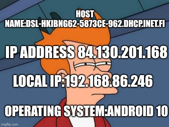 Futurama Fry Meme | HOST NAME:DSL-HKIBNG62-5873CE-962.DHCP.INET.FI; IP ADDRESS	84.130.201.168; LOCAL IP:192.168.86.246; OPERATING SYSTEM:ANDROID 10 | image tagged in memes,futurama fry | made w/ Imgflip meme maker