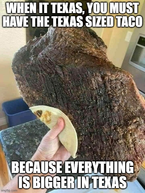 taco | WHEN IT TEXAS, YOU MUST HAVE THE TEXAS SIZED TACO; BECAUSE EVERYTHING IS BIGGER IN TEXAS | image tagged in taco | made w/ Imgflip meme maker
