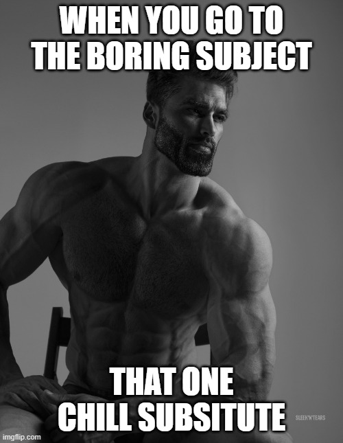 when this happens | WHEN YOU GO TO THE BORING SUBJECT; THAT ONE CHILL SUBSITUTE | image tagged in giga chad,teachers | made w/ Imgflip meme maker