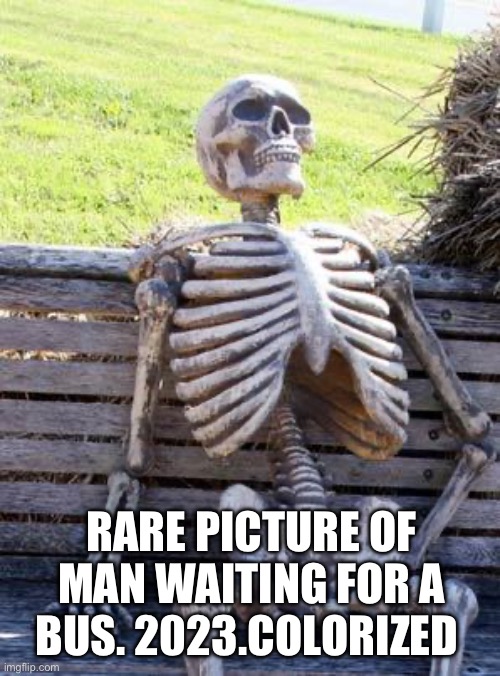 Fr the bus time is so long | RARE PICTURE OF MAN WAITING FOR A BUS. 2023.COLORIZED | image tagged in memes,waiting skeleton | made w/ Imgflip meme maker