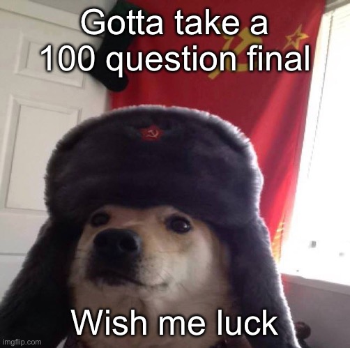 communism dog | Gotta take a 100 question final; Wish me luck | image tagged in communism dog | made w/ Imgflip meme maker