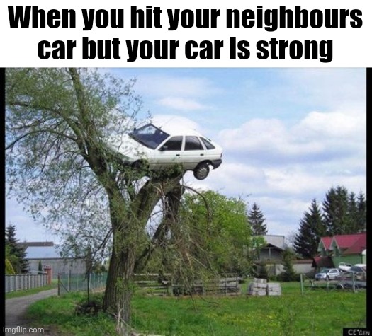 Secure Parking Meme | When you hit your neighbours car but your car is strong | image tagged in memes,secure parking | made w/ Imgflip meme maker