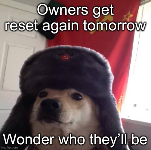communism dog | Owners get reset again tomorrow; Wonder who they’ll be | image tagged in communism dog | made w/ Imgflip meme maker