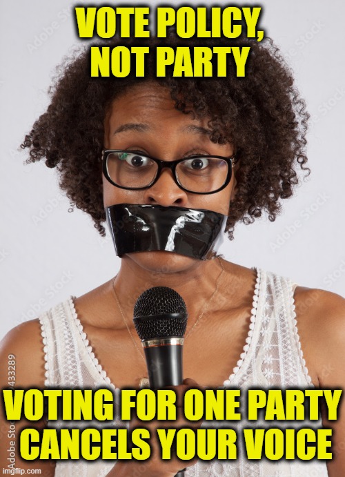 Policy, Not Party | VOTE POLICY, NOT PARTY; VOTING FOR ONE PARTY
 CANCELS YOUR VOICE | image tagged in vote | made w/ Imgflip meme maker