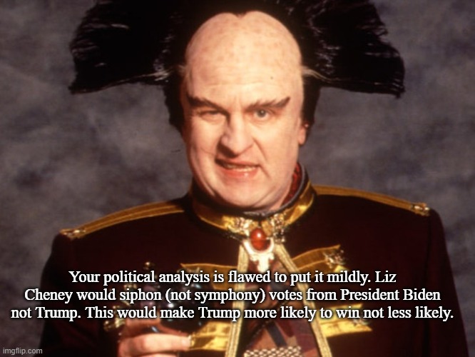 Londo | Your political analysis is flawed to put it mildly. Liz Cheney would siphon (not symphony) votes from President Biden not Trump. This would  | image tagged in londo | made w/ Imgflip meme maker