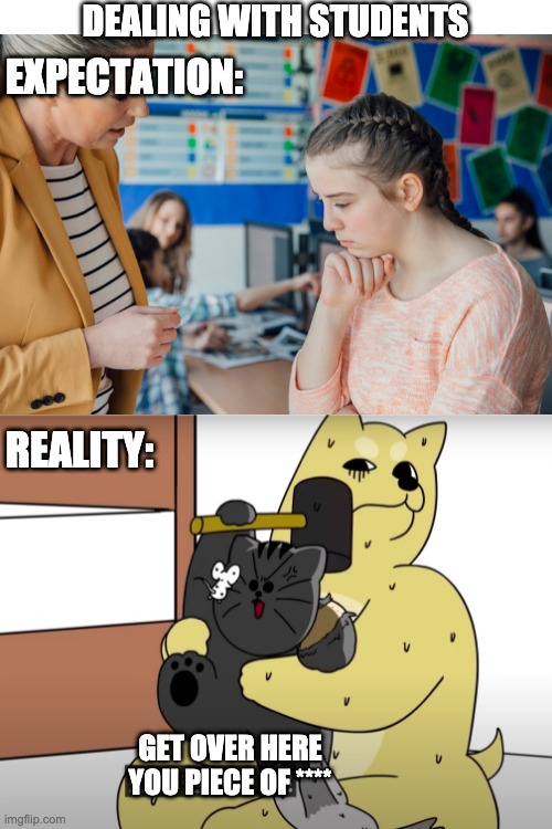 DEALING WITH STUDENTS; EXPECTATION:; REALITY:; GET OVER HERE
YOU PIECE OF **** | image tagged in expectation vs reality,school,teacher,meme | made w/ Imgflip meme maker