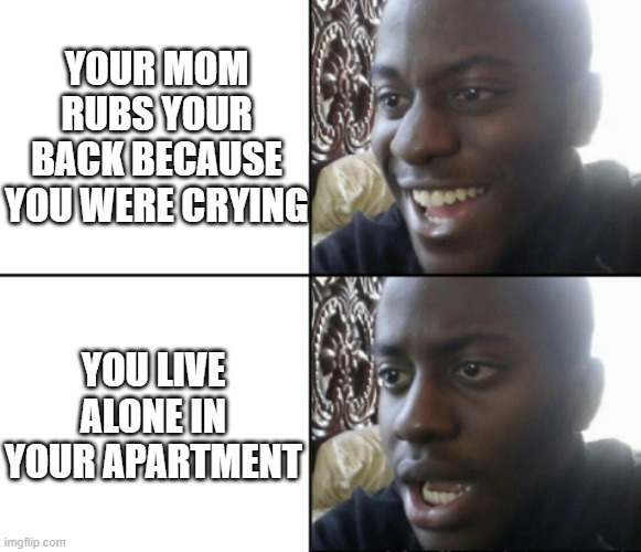 im kinda back? | YOUR MOM RUBS YOUR BACK BECAUSE YOU WERE CRYING; YOU LIVE ALONE IN YOUR APARTMENT | image tagged in happy / shock,what,your free trial of living has ended | made w/ Imgflip meme maker