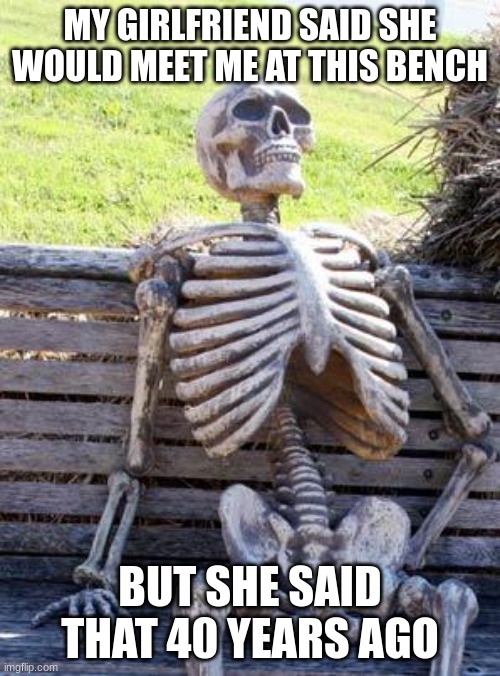 wait for me | MY GIRLFRIEND SAID SHE WOULD MEET ME AT THIS BENCH; BUT SHE SAID THAT 40 YEARS AGO | image tagged in memes,waiting skeleton | made w/ Imgflip meme maker