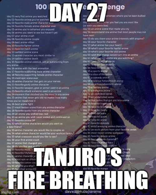 *Image Title* | DAY 27; TANJIRO'S FIRE BREATHING | image tagged in challenge,anime | made w/ Imgflip meme maker