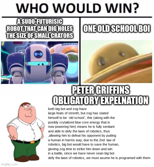 peter griffen is peak comedy | A SUDO-FUTURISIC ROBOT THAT CAN DIG HOLES THE SIZE OF SMALL CRATORS; ONE OLD SCHOOL BOI; PETER GRIFFINS OBLIGATORY EXPELNATION; both big bot and zog have large feats of strenth, but zog has stated himself to be ¨old school¨, this (along with the posibly crytalized blue core energy that is now powering him) means he is fully sentiant and able to defy the laws of robotics, thus ,allowing him to defeat his opponent by putting a human in harms way, due to the 2nd  law of robotics, big bot would have to save the human, giveing zog time to strike him down and win in a battle, since we have never sean big bot defy the laws of robotics, we must asume he is programed with them | image tagged in memes,who would win,robots | made w/ Imgflip meme maker